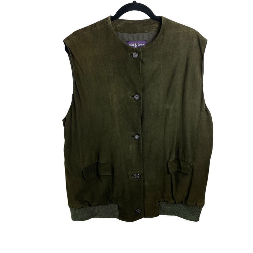 Ralph Lauren Purple Label Button Front 100% Suede Leather Vest Olive Green Sz 12